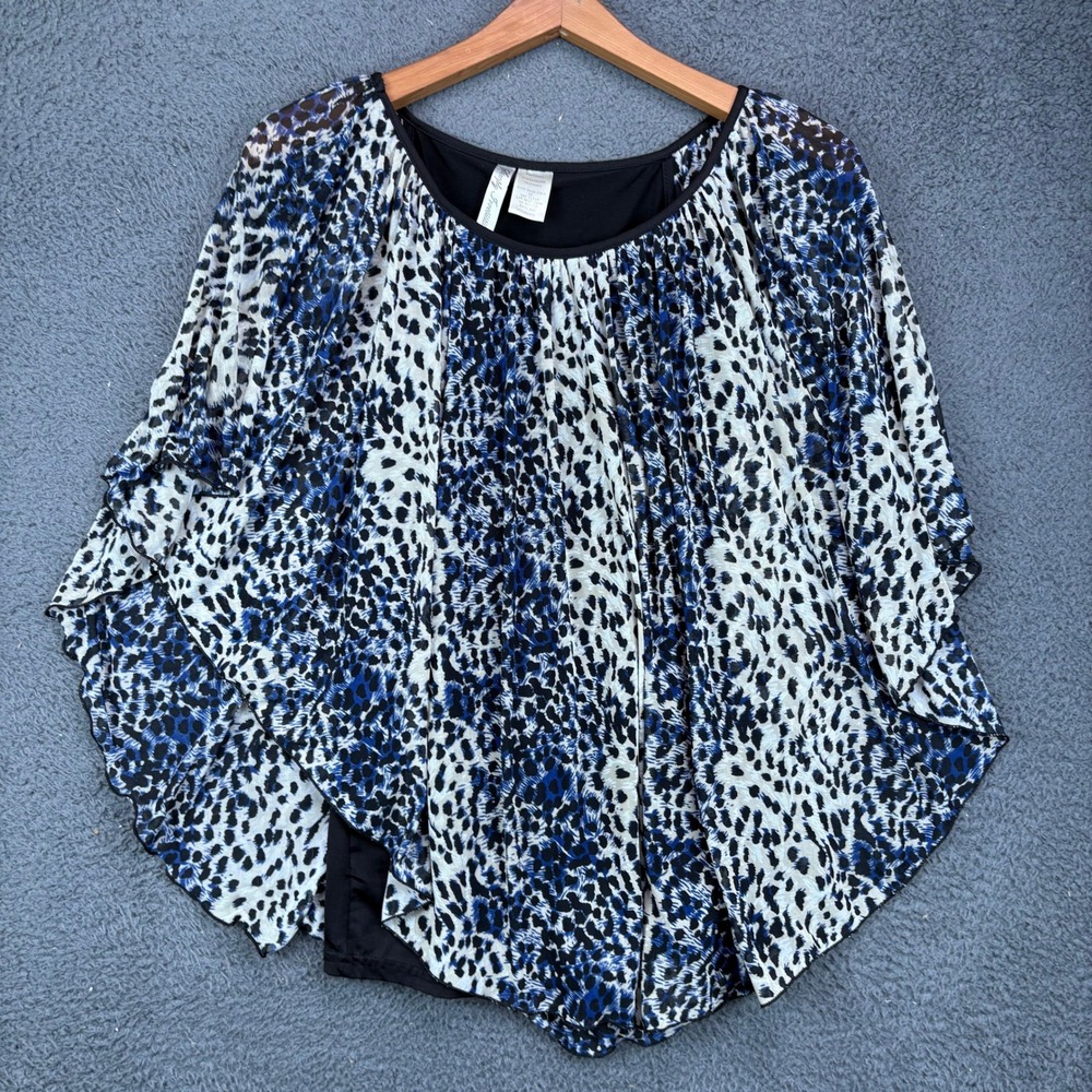 Simply Irresistible Blue Leopard Animal Print Poncho Cape Sleeve Top Medium 9725